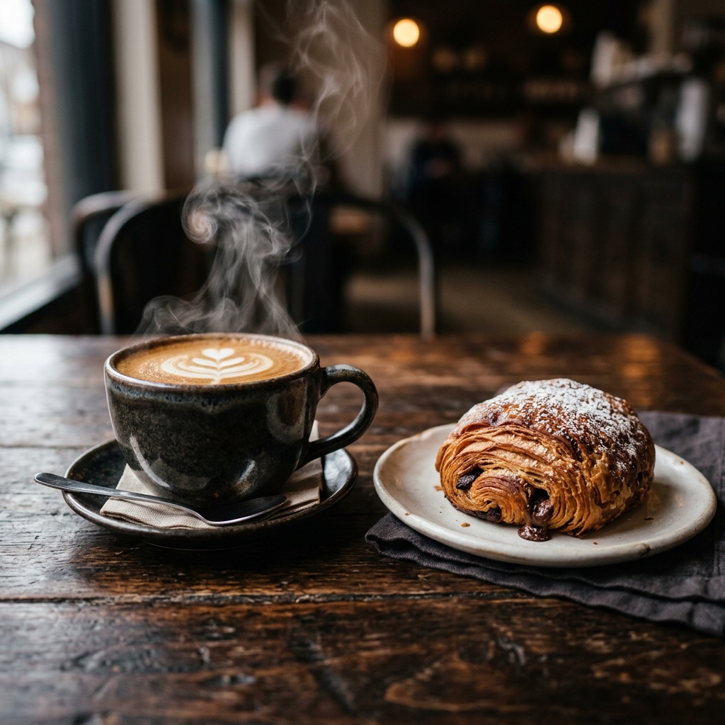 Café et douceurs au M café — une tasse fumante de café latte art et un pain au chocolat feuilleté