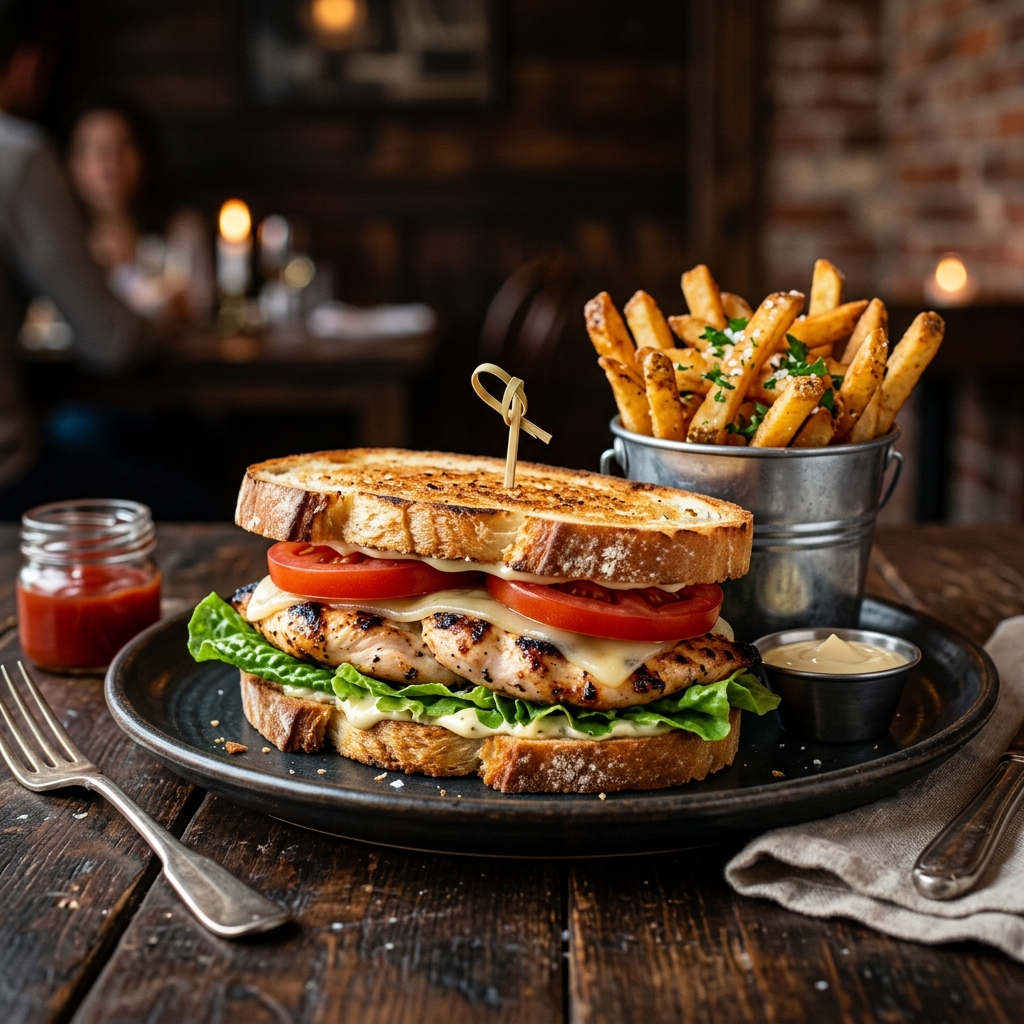 Univers Restaurant — sandwich poulet grillé gourmand et frites maison croustillantes